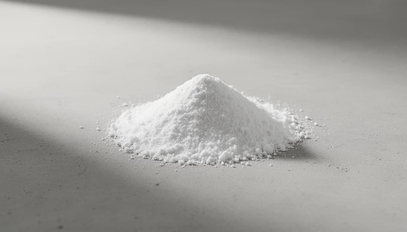 Pilha de pó branco puro sobre superfície de cimento cinza claro com iluminação natural suave