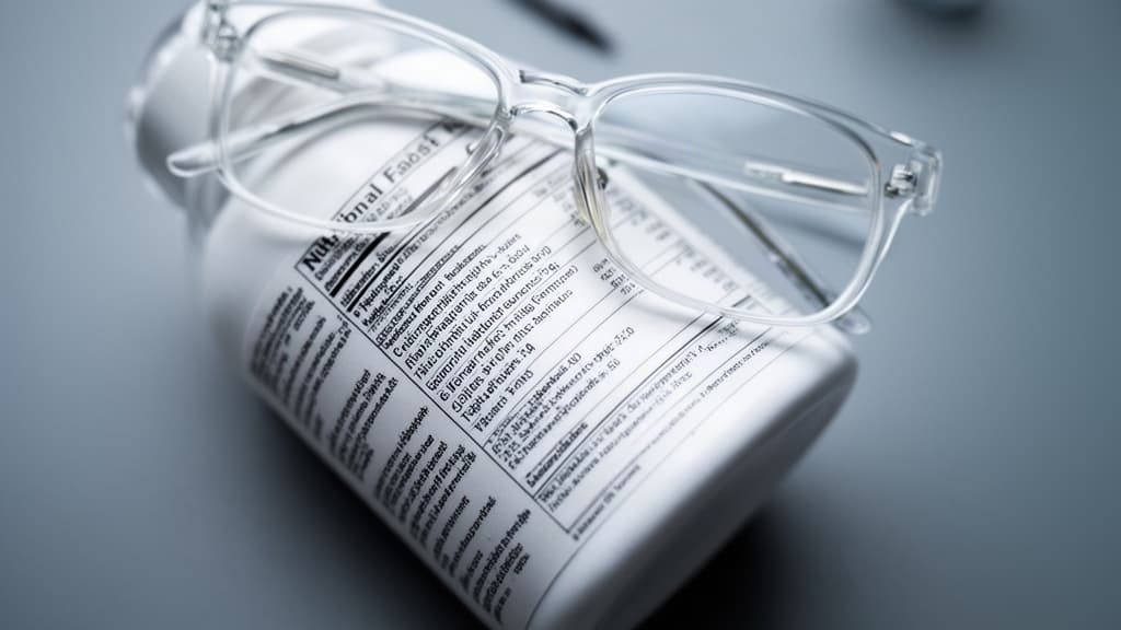 Fotografia detalhada de um rótulo de suplemento sob óculos de grau sobre superfície cinza, enfatizando a leitura criteriosa dos ingredientes