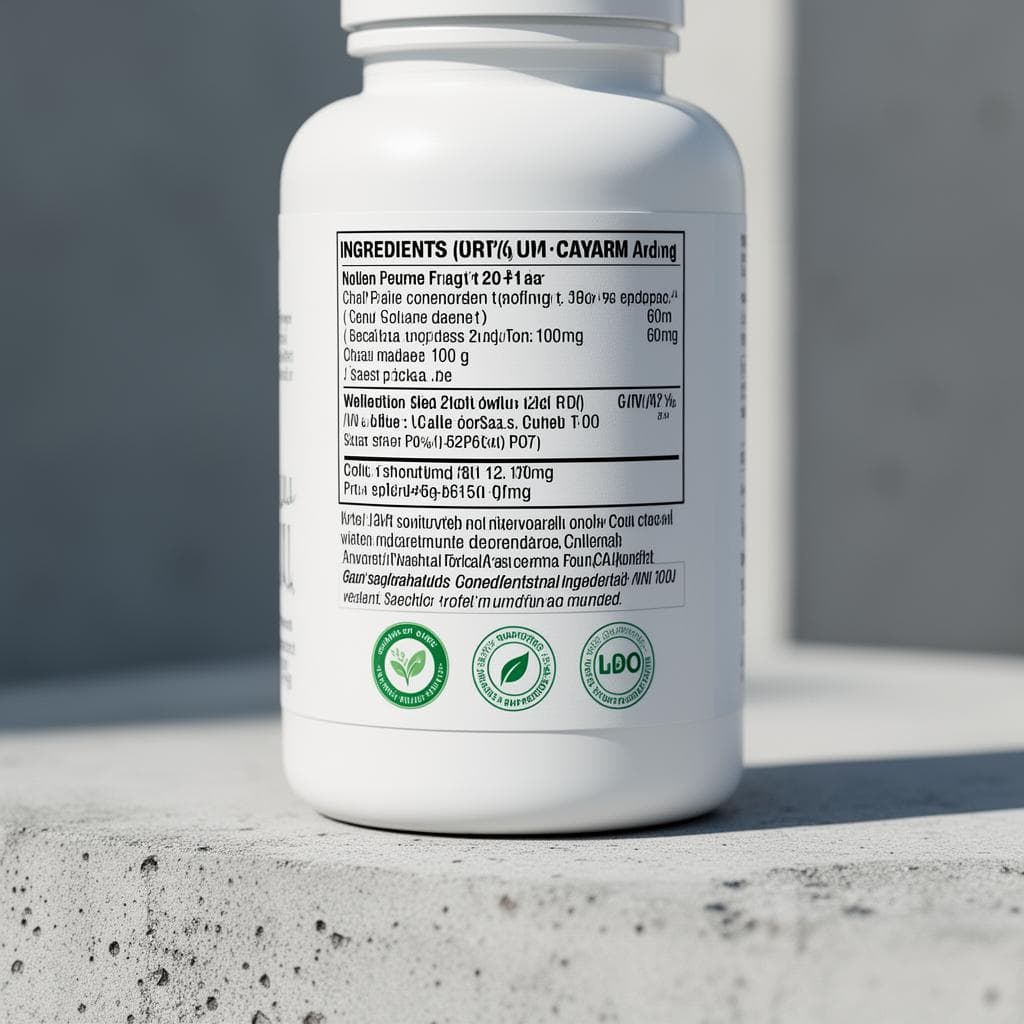 Close-up de uma embalagem de suplemento desenhada e minimalista focando na etiqueta de ingredientes e selos de certificação, com luz natural e fundo desfocado para destacar a clareza das informações.