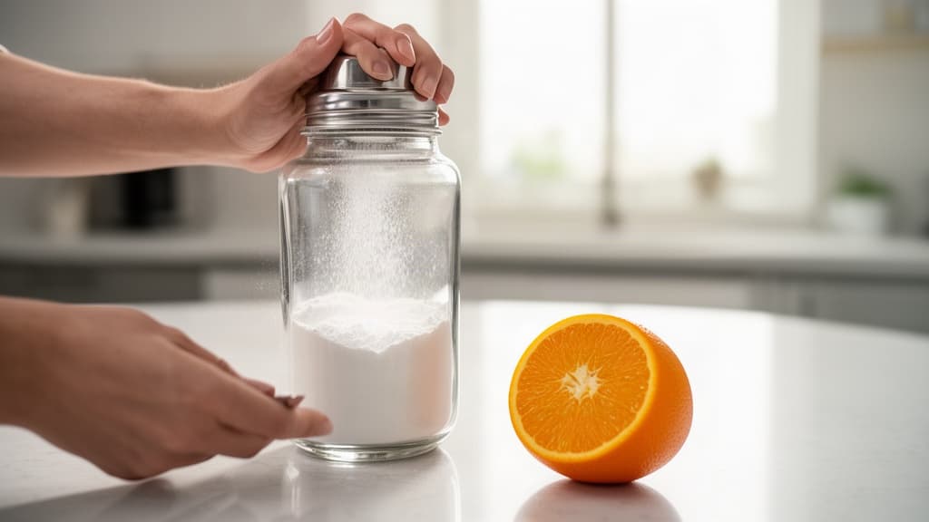 Mãos agitando uma coqueteleira com pó branco em uma cozinha limpa e iluminada, representando a preparação de suplemento.