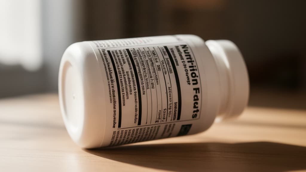 Foto de close-up de um rótulo de suplemento de magnésio sobre uma mesa de madeira, com foco na tabela nutricional para destacar a leitura detalhada das informações.