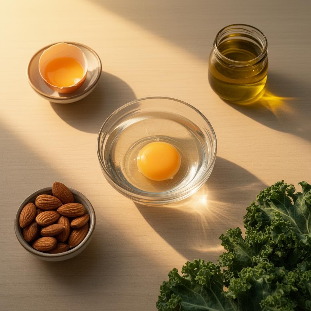 Composição de alimentos ricos em gorduras saudáveis, como azeite, ovos e vegetais, contrastando com um copo de água sobre uma mesa de madeira, sob luz dourada.