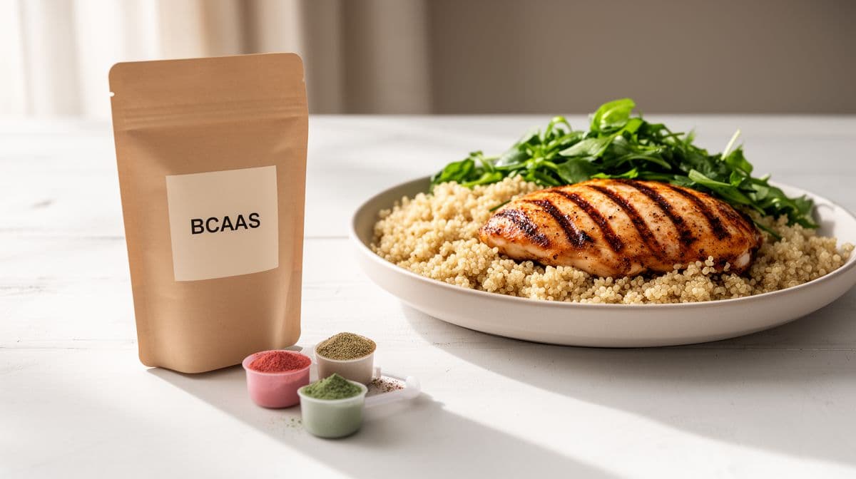 Composição editorial comparando suplemento de BCAAs em pó com uma refeição equilibrada de frango e grãos, enfatizando a comida real