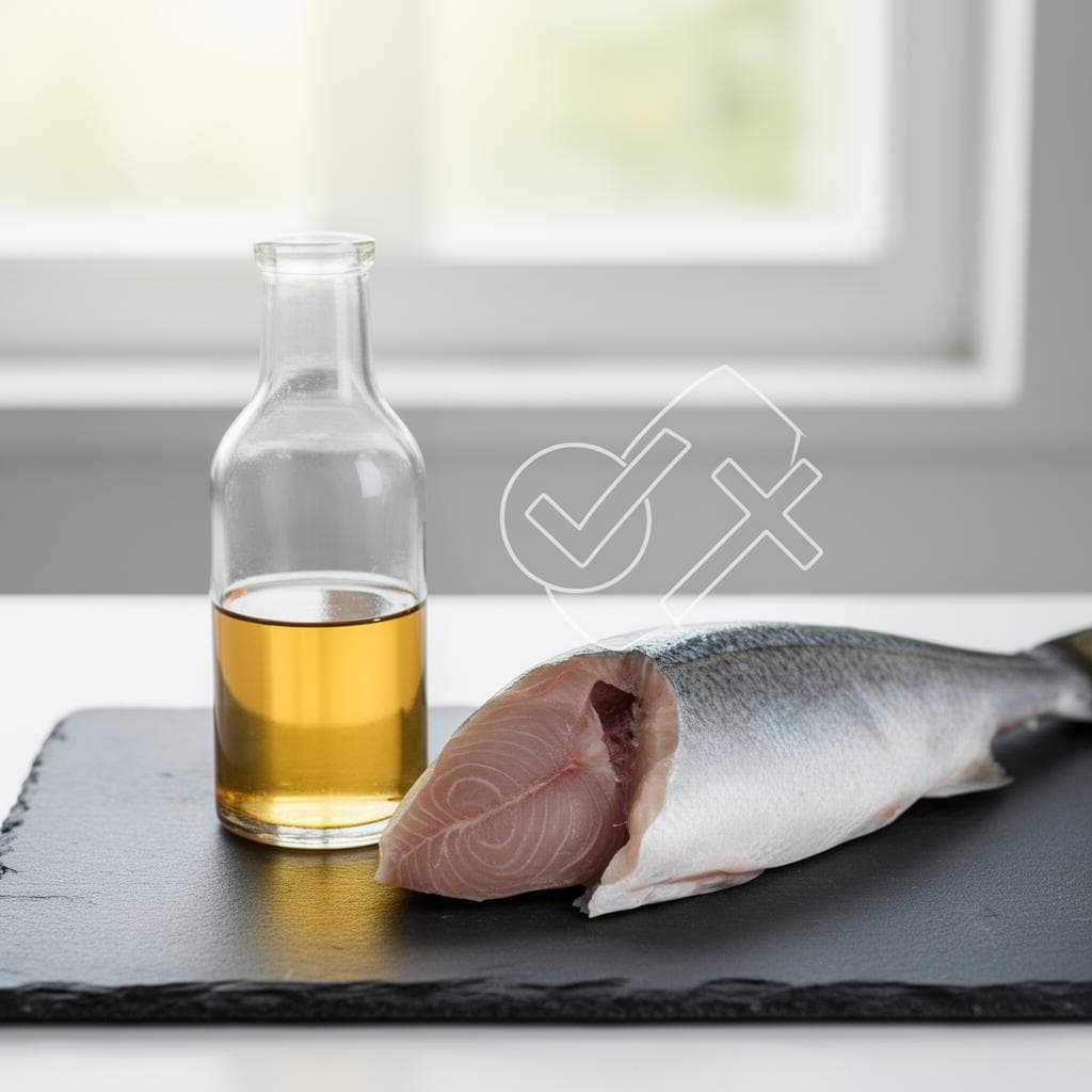 Garrafa de óleo de peixe ao lado de um filé de pescado fresco sobre uma superfície escura