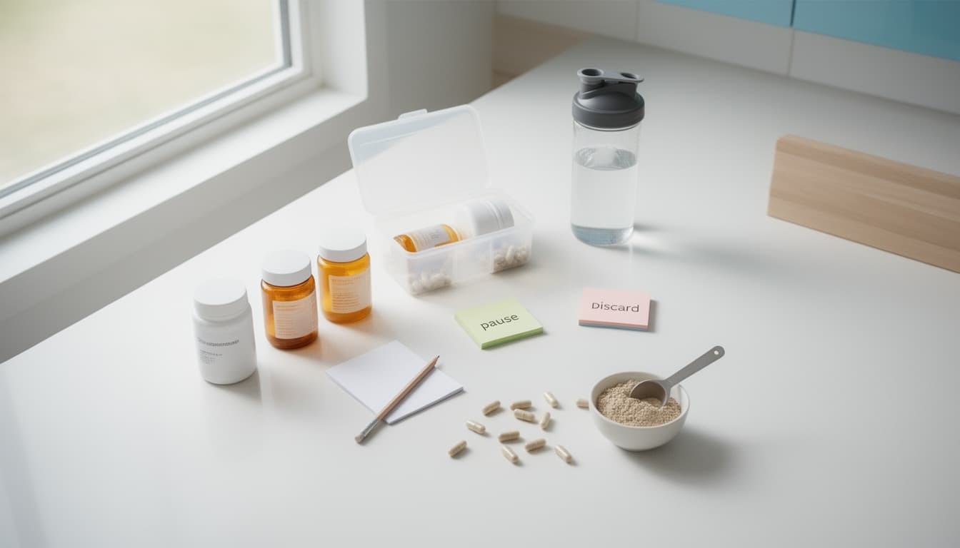 Caixa aberta de suplementos em bancada clara, com potes sem marca, coqueteleira de vidro e bloco de notas, simbolizando a revisão anual do estoque