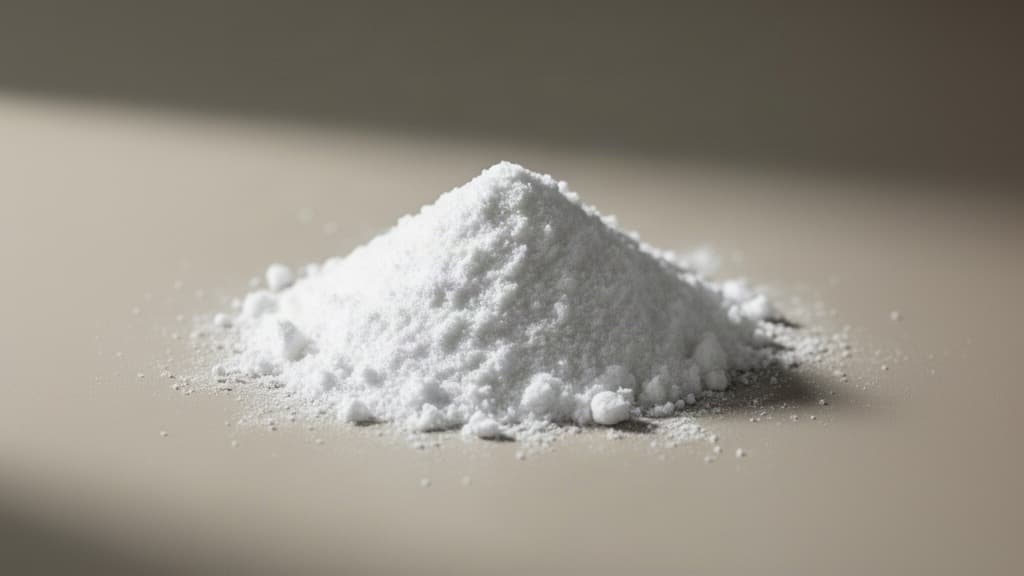 Monte pequeno de pó de creatina monoidratada branca sobre superfície neutra e mate, com iluminação natural suave e fundo desfocado, evocando pureza e ciência