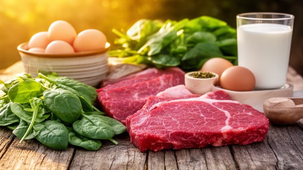 Composição de alimentos naturais como carne, ovos e vegetais verdes sobre mesa de madeira, iluminados por luz natural dourada, representando fontes alimentares de nutrientes sem suplementos em vidros.