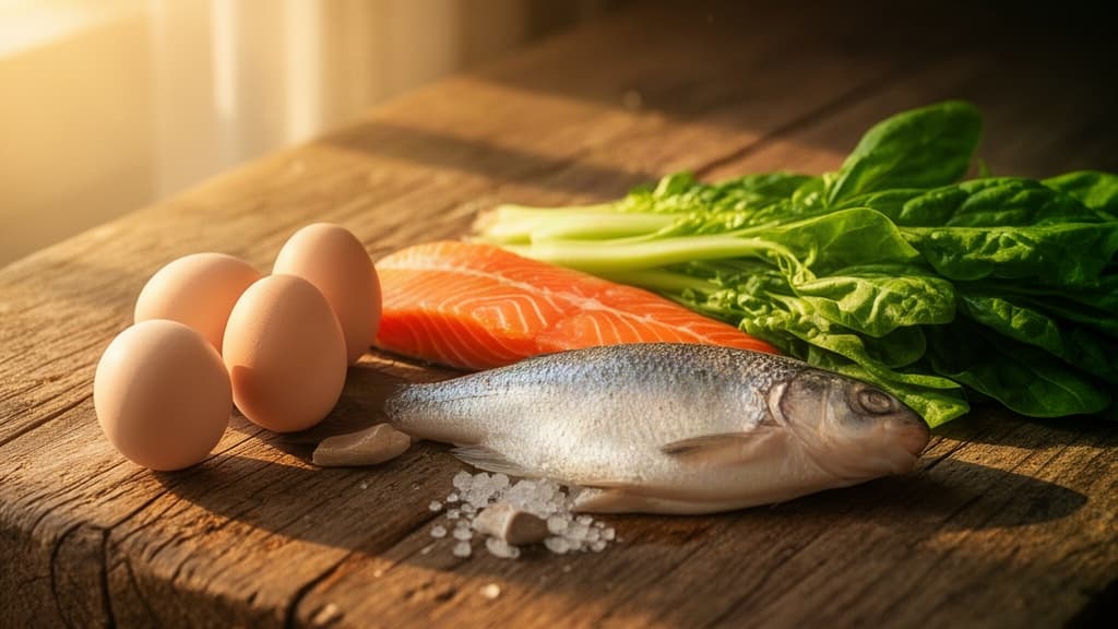 Composição fotográfica de alimentos naturais ricos em vitamina D, como ovos, peixes oleosos e folhas verdes, com iluminação dourada natural.